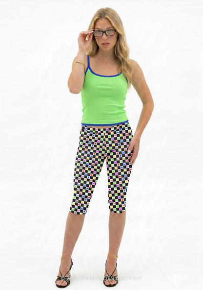 Black White Checkered Cxxt Y2K Print Capri Pants Cherrykitten