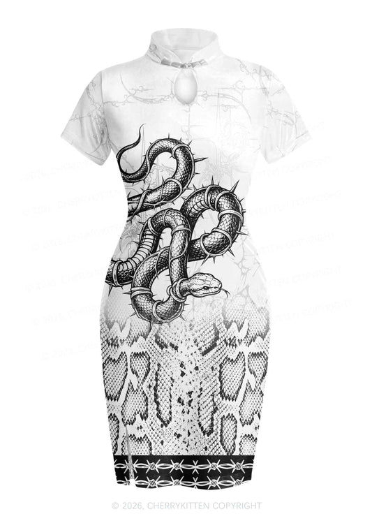 Halloween White Thorn Wrapped Snake Y2K Cheongsam Mini Dress Cherrykitten