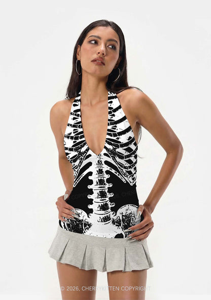 Halloween Anatomical Pelvis Y2K Print Halter Deep V Neck Cami Cherrykitten