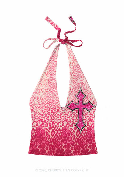Halloween Pink Leopard Cross Y2K Print Halter Deep V Neck Cami Cherrykitten