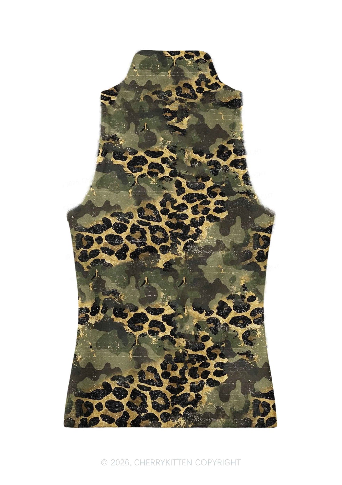Green Camouflage And Leopard Y2K Knit Turtleneck Tank Top Cherrykitten