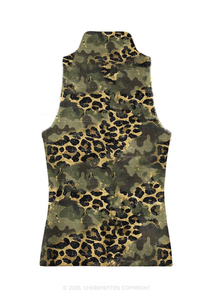 Green Camouflage And Leopard Y2K Knit Turtleneck Tank Top Cherrykitten