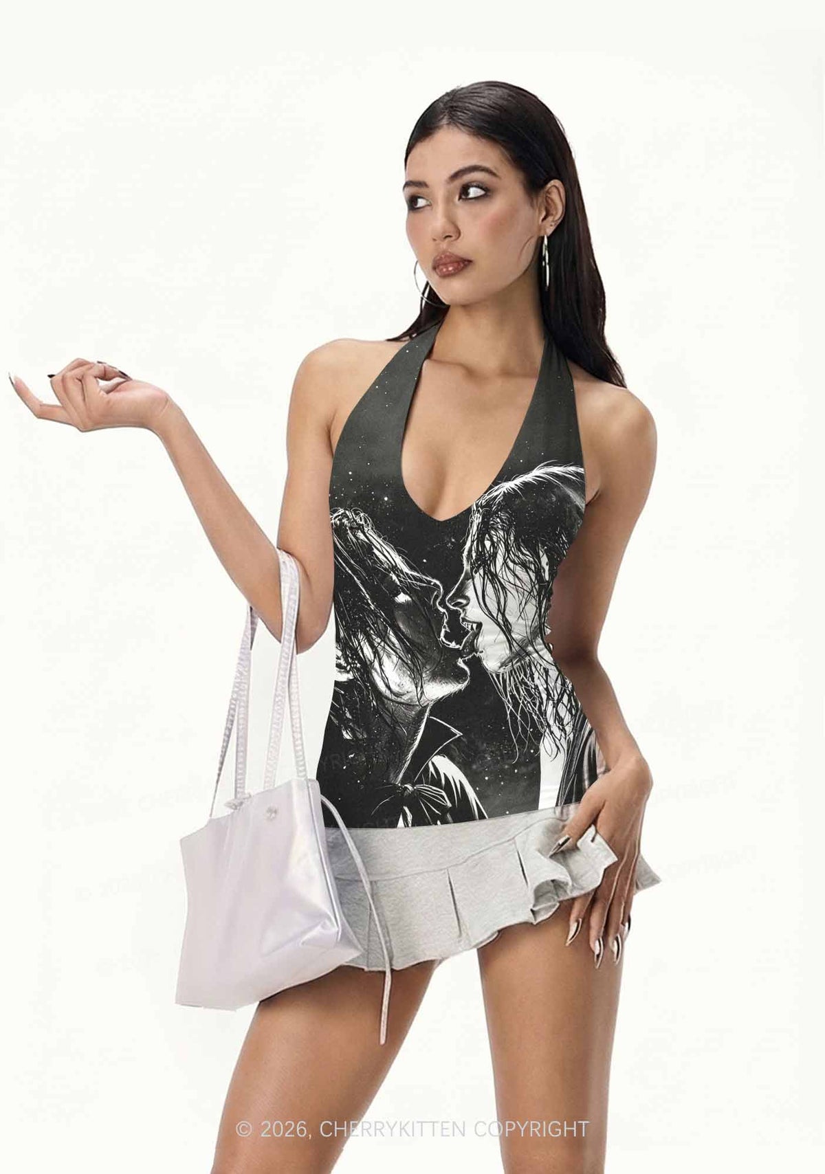 Halloween Two Vampire Figures Y2K Print Halter Deep V Neck Cami Cherrykitten