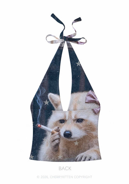 Pink Bow Smoking Raccoon Y2K Print Halter Deep V Neck Cami Cherrykitten
