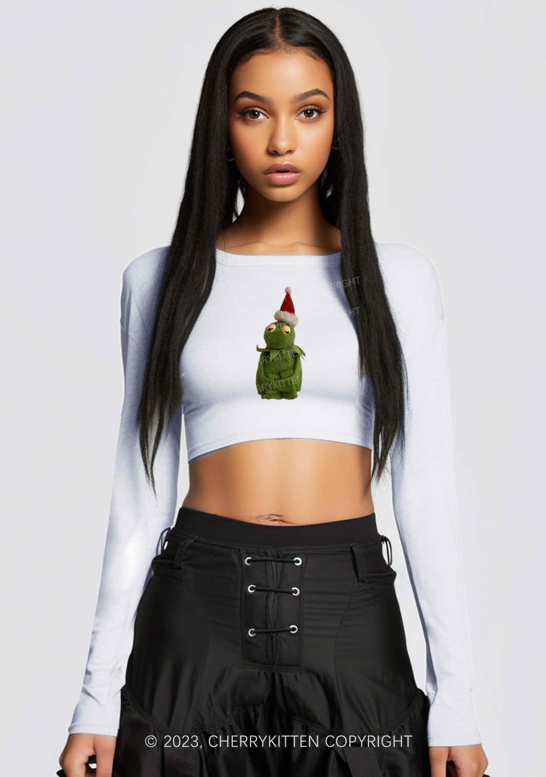 Christmas Plush Frog Y2K Long Sleeve Crop Top Cherrykitten