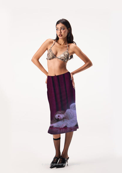Halloween Bloody Lying Angel Y2K Print Midi Skirt Cherrykitten