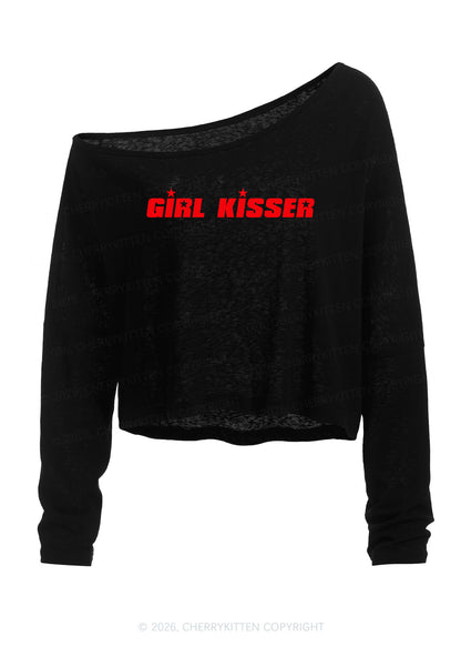 Girl Kisser Star Y2K Off Shoulder Long Sleeve Crop Top Cherrykitten