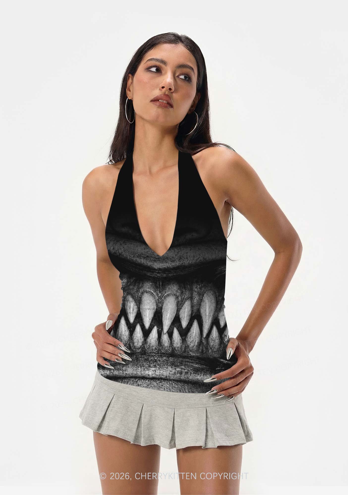 Halloween Monster Sharp Fangs Y2K Print Halter Deep V Neck Cami Cherrykitten