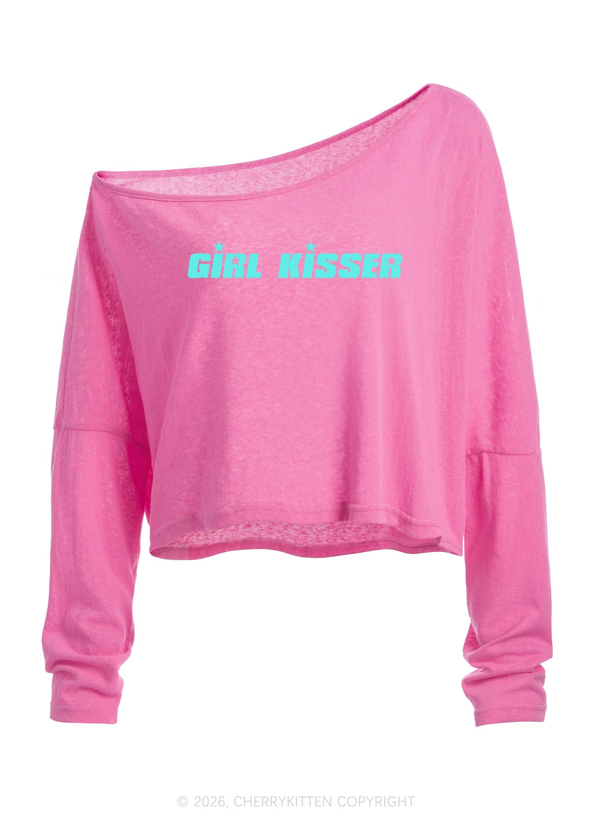 Girl Kisser Star Y2K Off Shoulder Long Sleeve Crop Top Cherrykitten