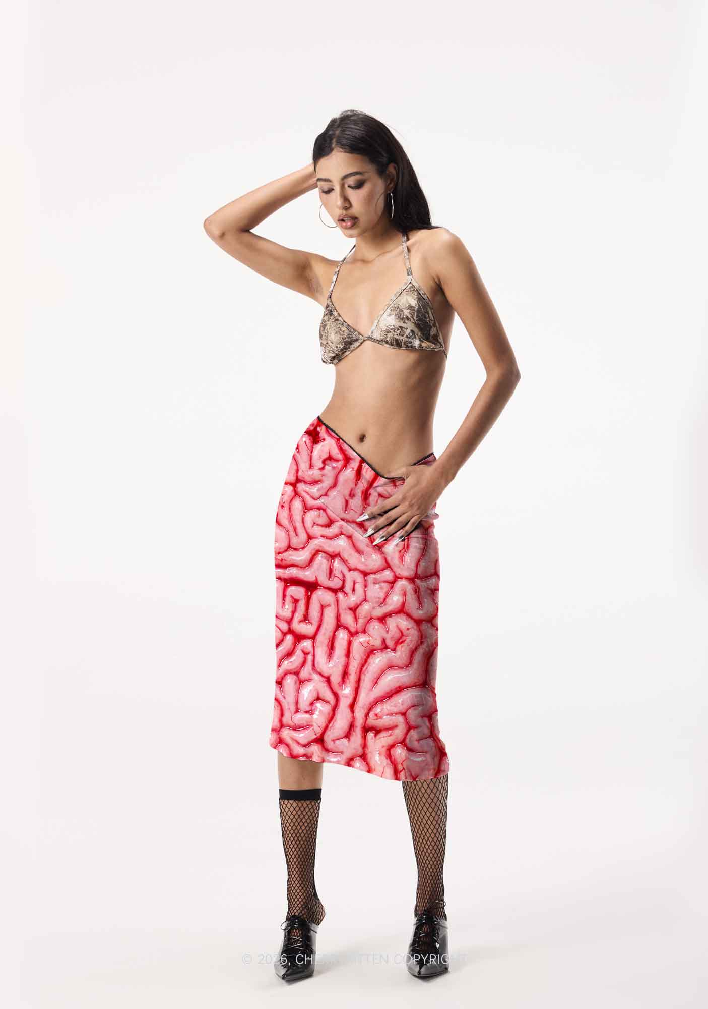 Halloween Fleshy Brain Texture Y2K Print Midi Skirt Cherrykitten