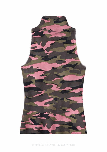 Pink Camouflage Y2K Knit Turtleneck Tank Top Cherrykitten