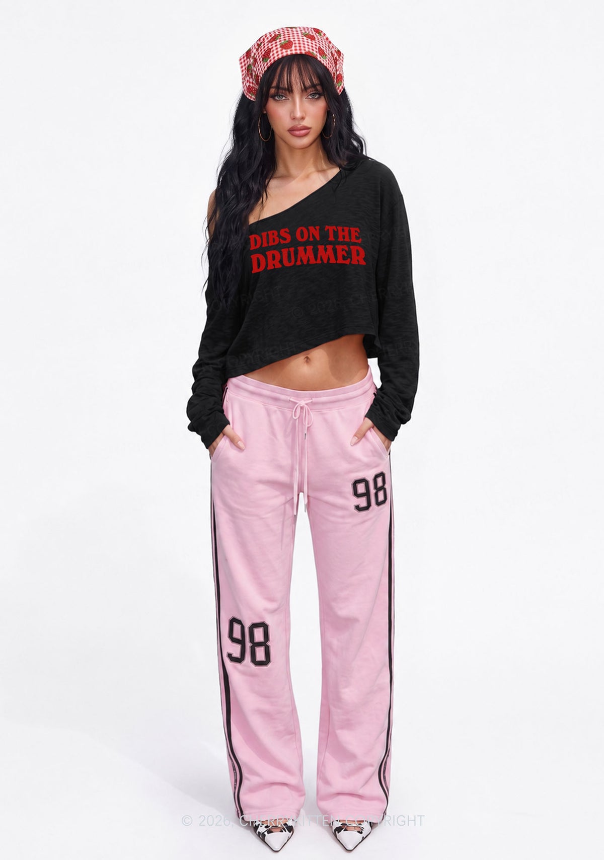 Dibs On The Drummer Y2K Off Shoulder Long Sleeve Crop Top Cherrykitten