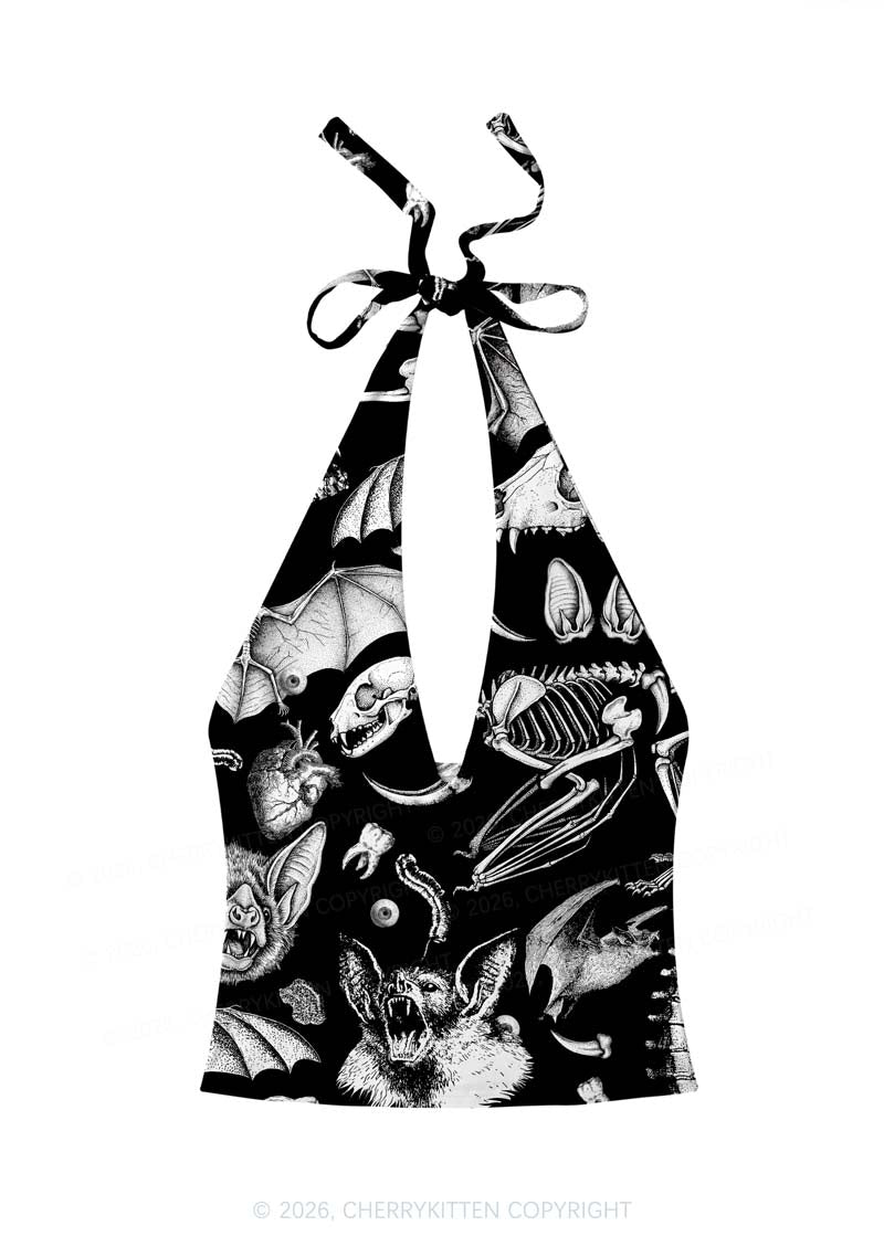 Halloween Goth Animal Bone Skull Y2K Print Halter Deep V Neck Cami Cherrykitten