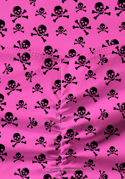Halloween Pink Skulls Y2K Print Gym Shorts Cherrykitten