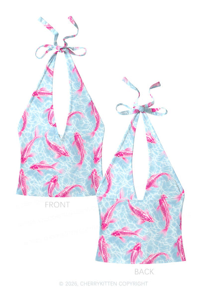 Pink Koi Fish Y2K Print Halter Deep V Neck Cami Cherrykitten