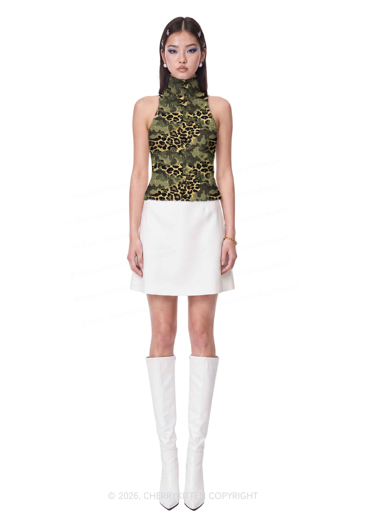 Green Camouflage And Leopard Y2K Knit Turtleneck Tank Top Cherrykitten