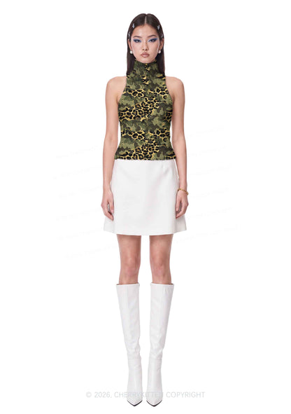 Green Camouflage And Leopard Y2K Knit Turtleneck Tank Top Cherrykitten