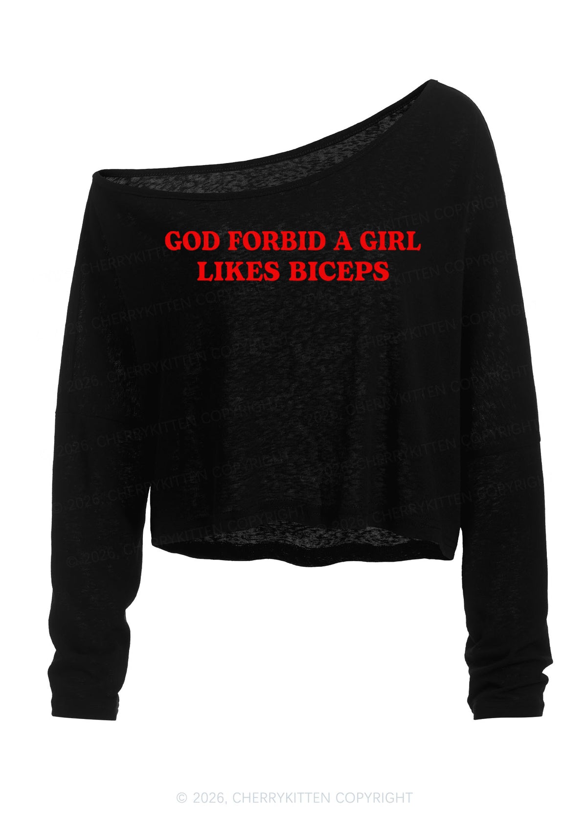 God Forbid A Girl Likes Biceps Y2K Off Shoulder Long Sleeve Crop Top Cherrykitten