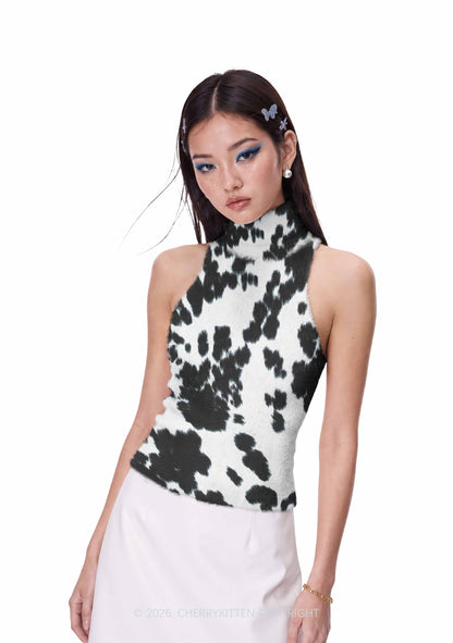 Black And White Cow Dots Y2K Knit Turtleneck Tank Top Cherrykitten