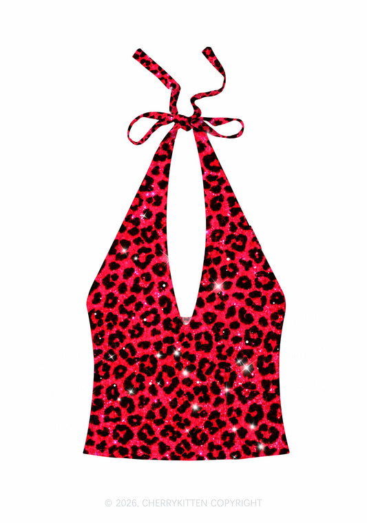 Bright Red Leopard Y2K Print Halter Deep V Neck Cami Cherrykitten