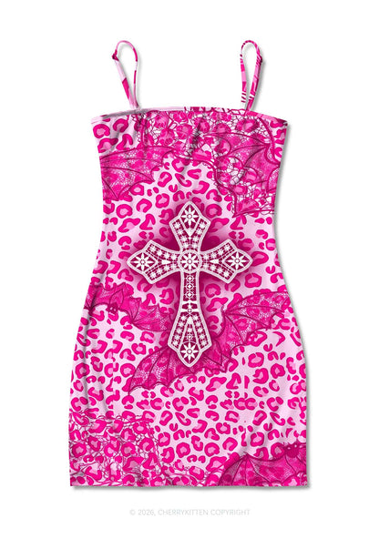 Halloween Pink Leopard Bat Cross Y2K Print Slip Dress Cherrykitten