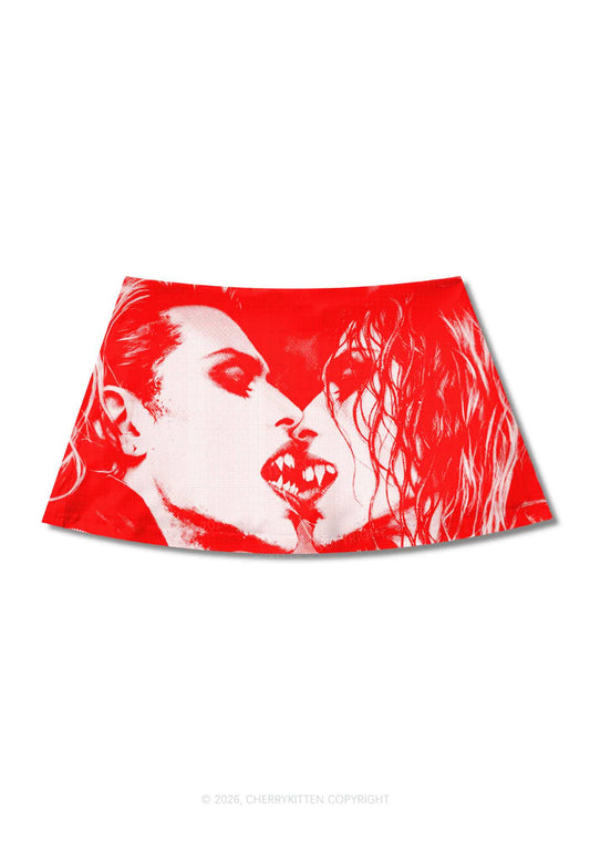 Halloween Red Pixels Vampire Couple Y2K Print Mini Skirt Cherrykitten