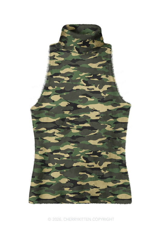 Classic Green Camo Y2K Knit Turtleneck Tank Top Cherrykitten