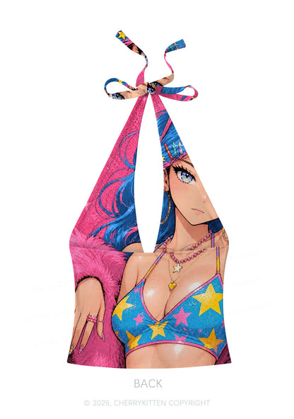 Kawaii Manga Girl Y2K Print Halter Deep V Neck Cami Cherrykitten