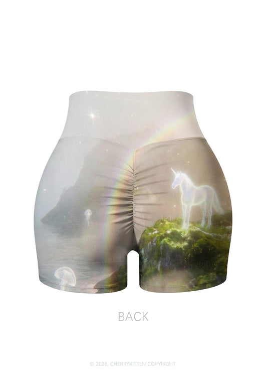 Rainbow Glowing Unicorn Y2K Print Gym Shorts Cherrykitten