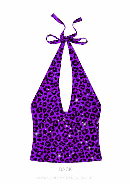 Dark Purple Leopard Y2K Print Halter Deep V Neck Cami Cherrykitten