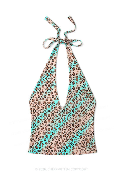 Mint Leopard Y2K Print Halter Deep V Neck Cami Cherrykitten