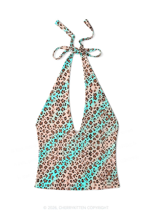 Mint Leopard Y2K Print Halter Deep V Neck Cami Cherrykitten
