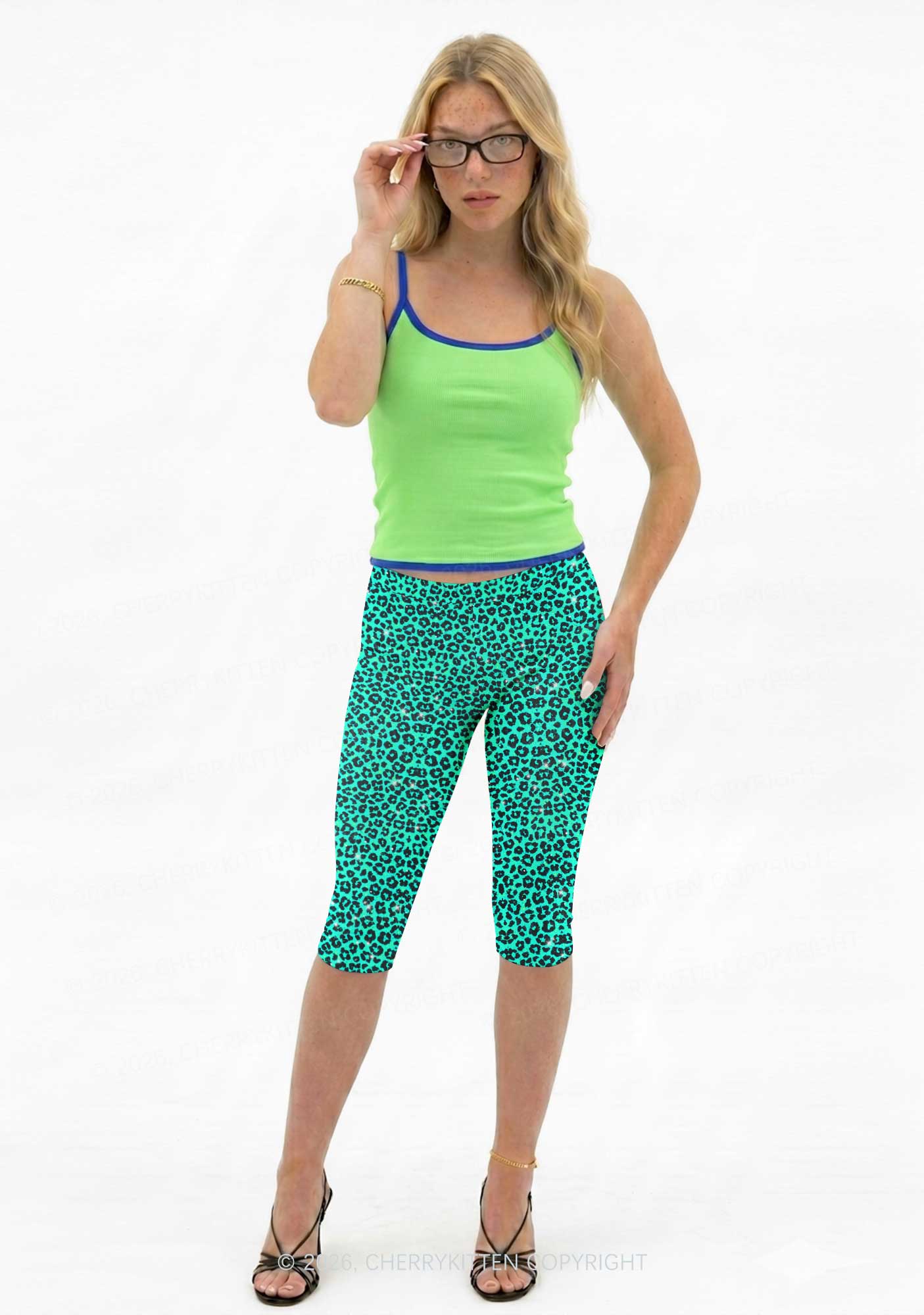 Turquoise Green Leopard Y2K Print Capri Pants Cherrykitten