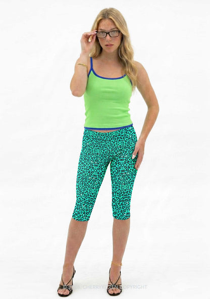 Turquoise Green Leopard Y2K Print Capri Pants Cherrykitten