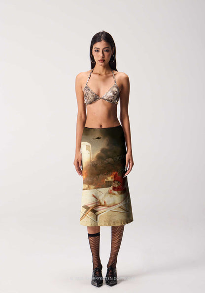 Halloween Fire City Devil Hat Rat Y2K Print Midi Skirt Cherrykitten