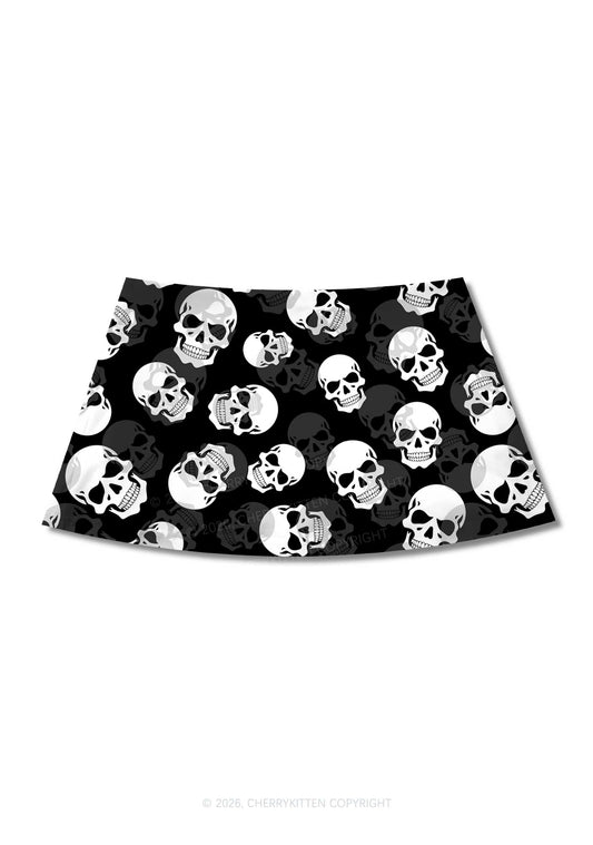 Halloween White Skull On Black Y2K Print Mini Skirt Cherrykitten