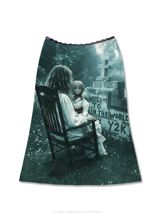 Halloween Graveyard Doll Y2K Print Midi Skirt Cherrykitten