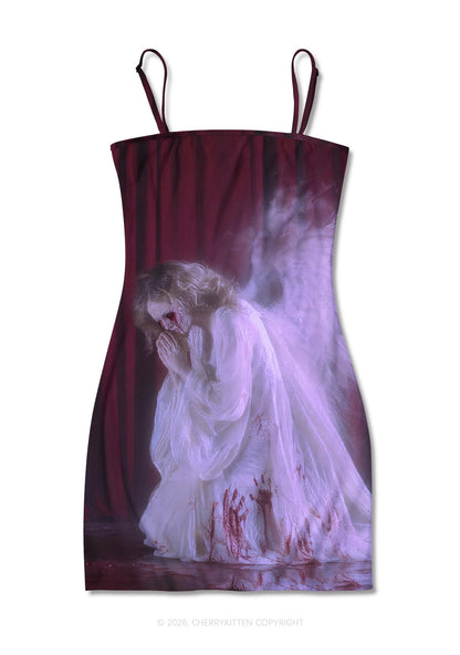 Halloween Bloody Praying Angel Y2K Print Slip Dress Cherrykitten