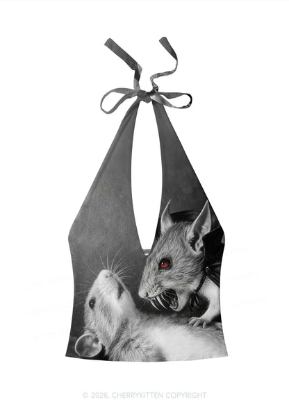 Halloween Vampire Rat Y2K Print Halter Deep V Neck Cami Cherrykitten