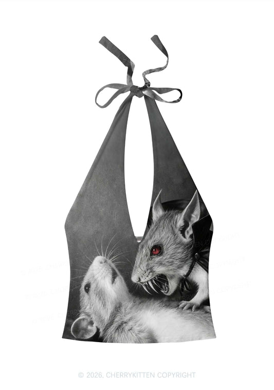 Halloween Vampire Rat Y2K Print Halter Deep V Neck Cami Cherrykitten