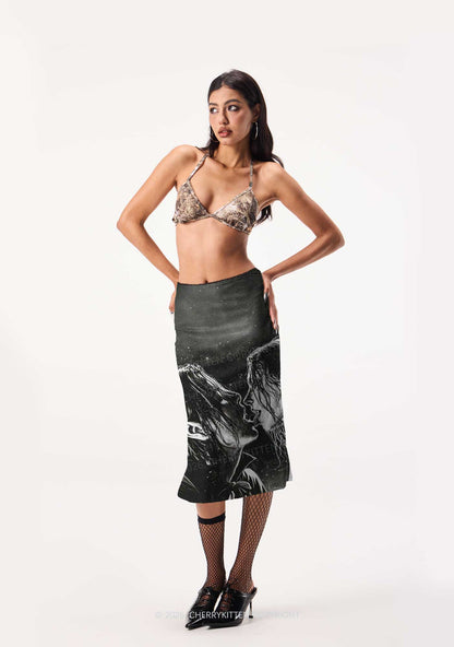 Halloween Two Vampire Figures Y2K Print Midi Skirt Cherrykitten