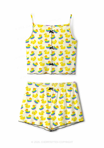 Rainbow Ducks Pride Y2K Print Cami Shorts Pajama Set Cherrykitten