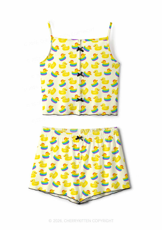 Rainbow Ducks Pride Y2K Print Cami Shorts Pajama Set Cherrykitten