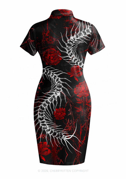 Halloween Centipede Red Floral Y2K Cheongsam Mini Dress Cherrykitten