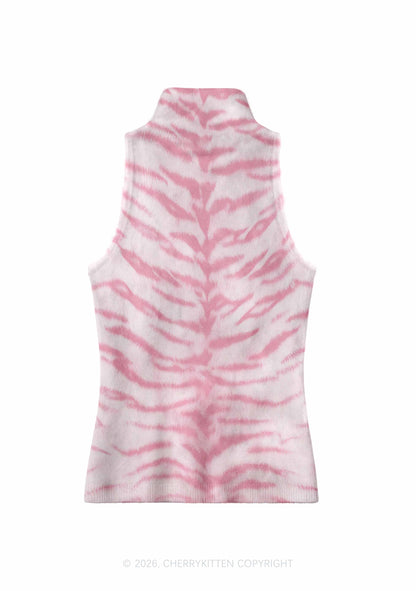 Pink Tiger Stripe Y2K Knit Turtleneck Tank Top Cherrykitten