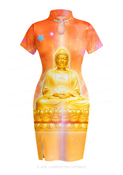 Golden Buddha Y2K Cheongsam Mini Dress Cherrykitten