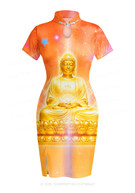 Golden Buddha Y2K Cheongsam Mini Dress Cherrykitten