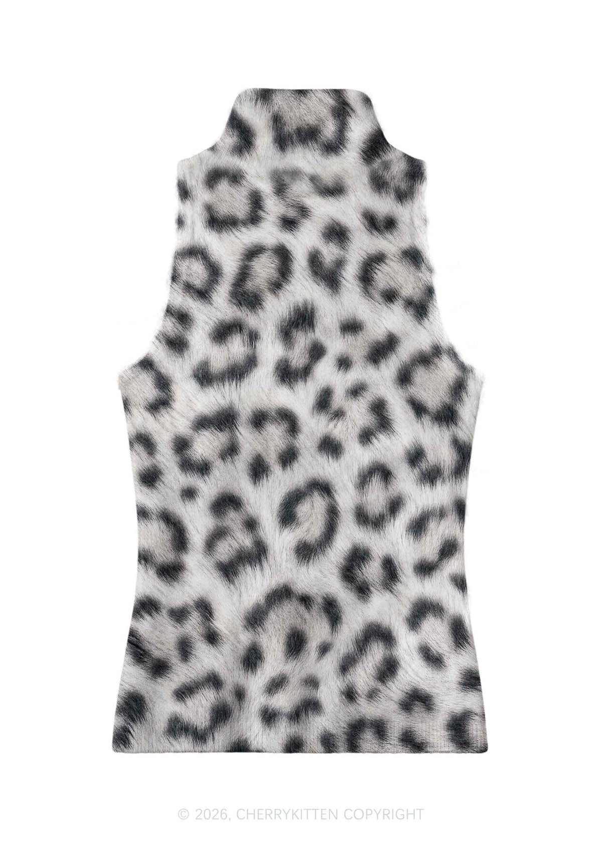 White Leopard Y2K Knit Turtleneck Tank Top Cherrykitten