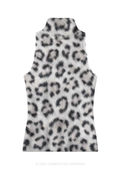 White Leopard Y2K Knit Turtleneck Tank Top Cherrykitten