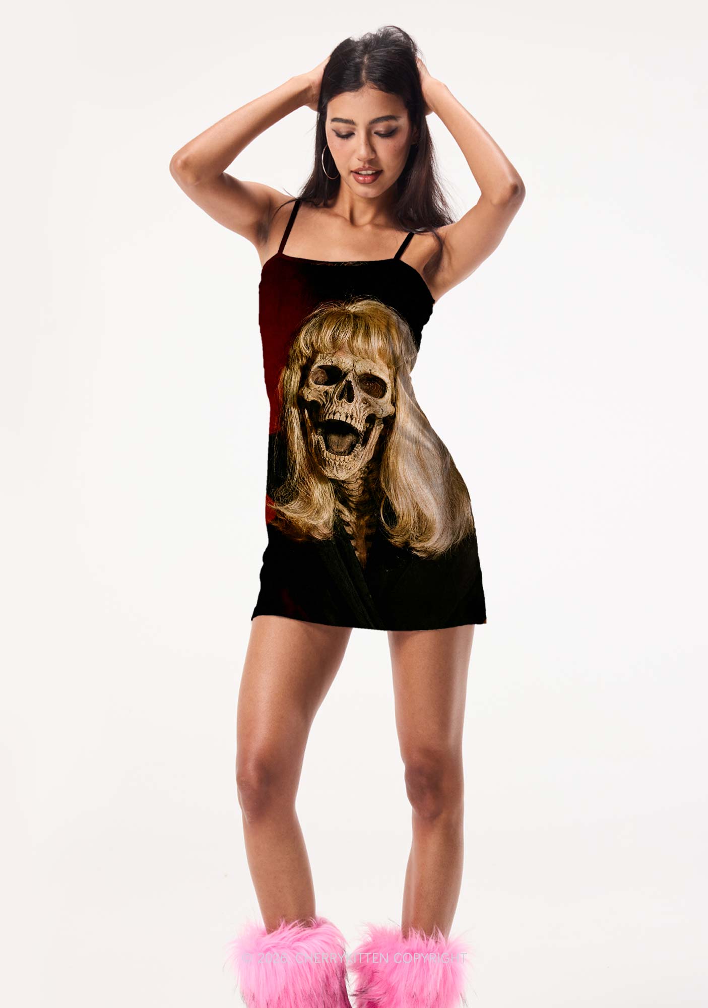 Halloween Blonde Skull Y2K Print Slip Dress Cherrykitten